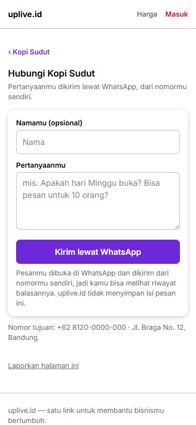 Formulir kontak Kopi Sudut di uplive.id